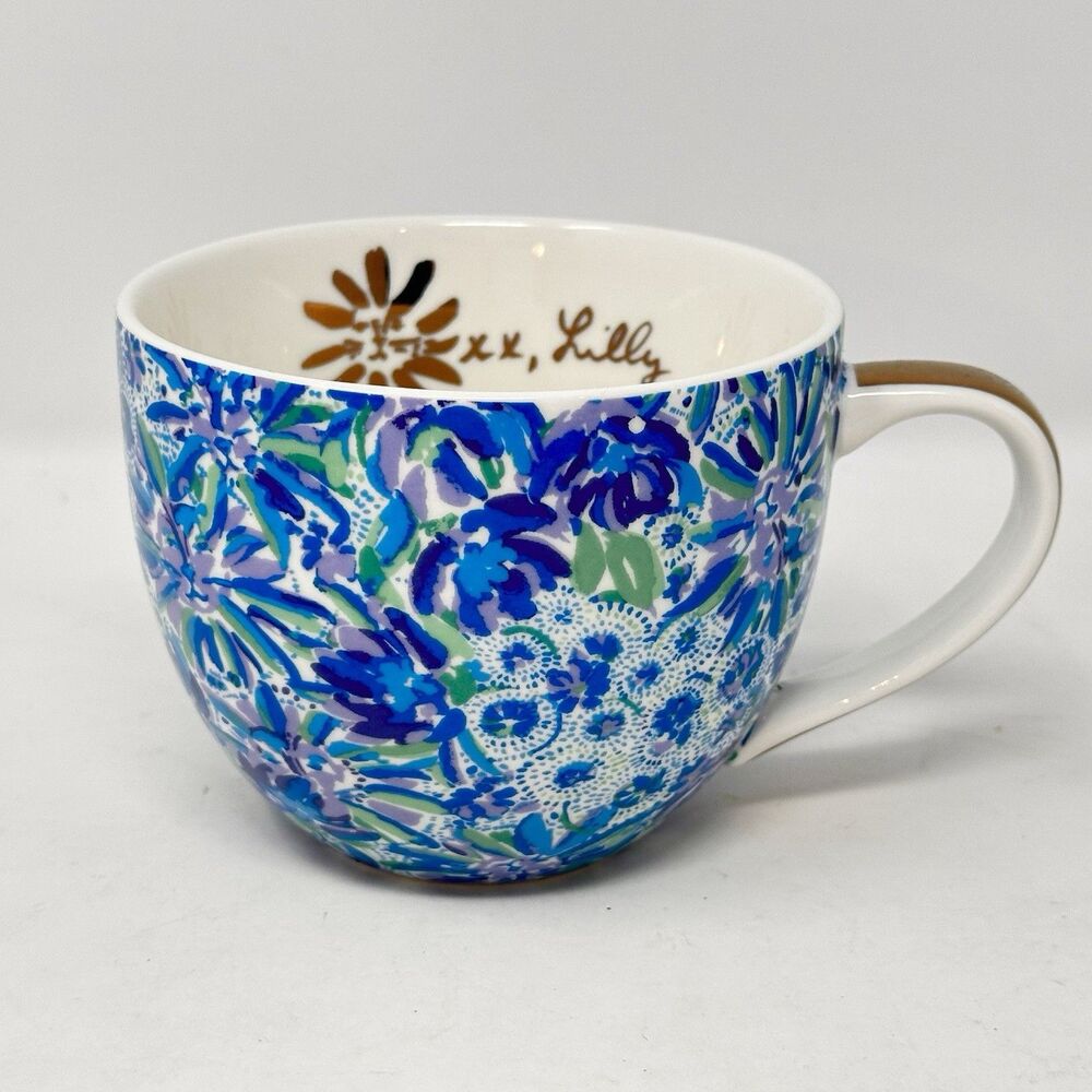 Lilly Pulitzer Ceramic Mug 12oz Blue Floral Gold Handle Hidden Lion Around Cup